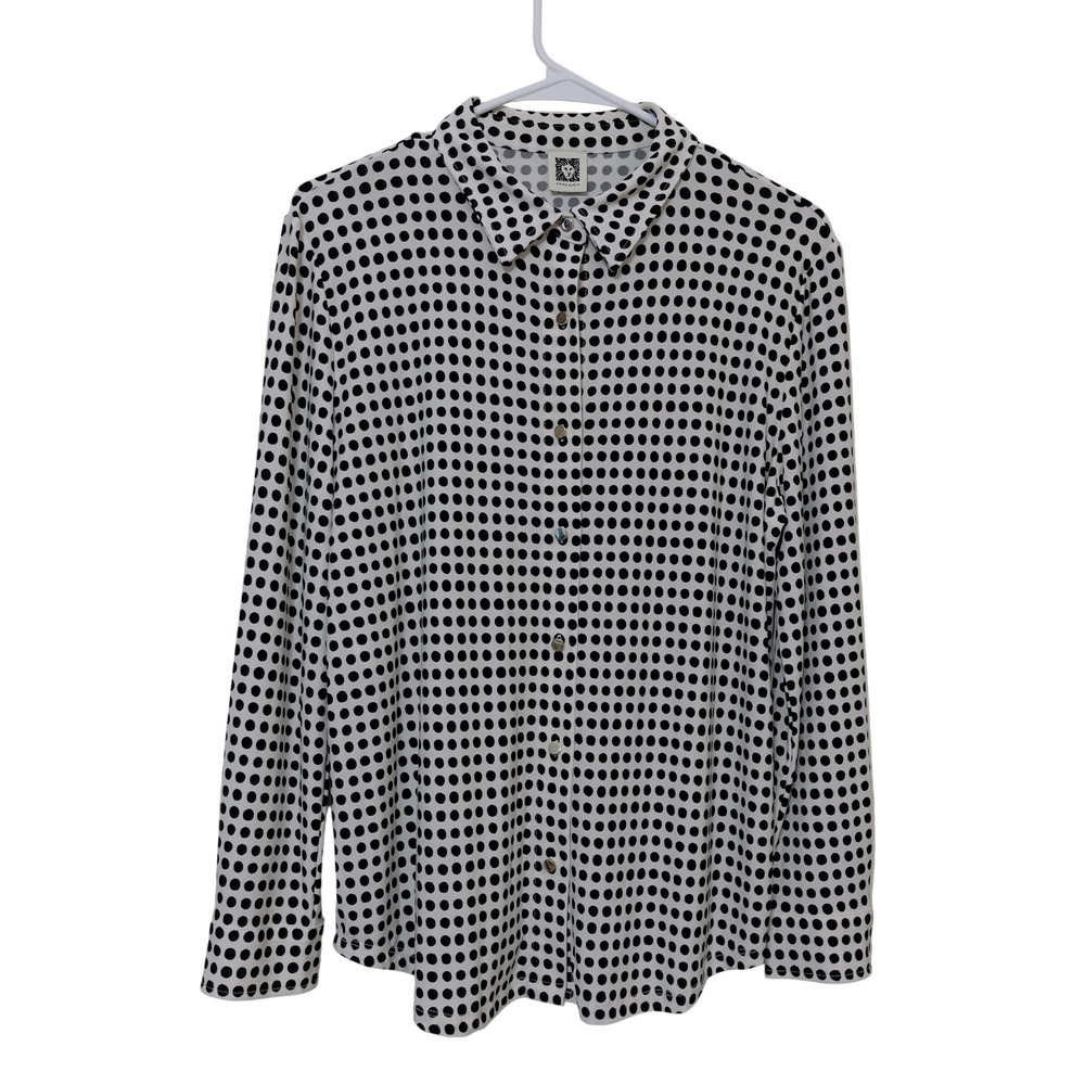 Anne Klein Womens Polka Dot Button Down Shirt Black White Blouse Gold Buttons